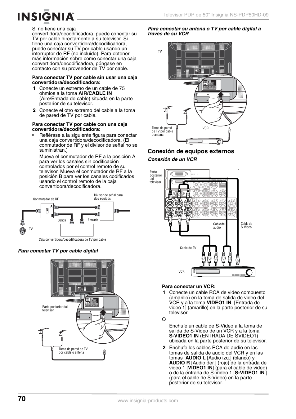 Para conectar tv por cable digital, Conexión de equipos externos, Conexión de un vcr | Insignia NS-PDP50HD-09 User Manual | Page 70 / 92