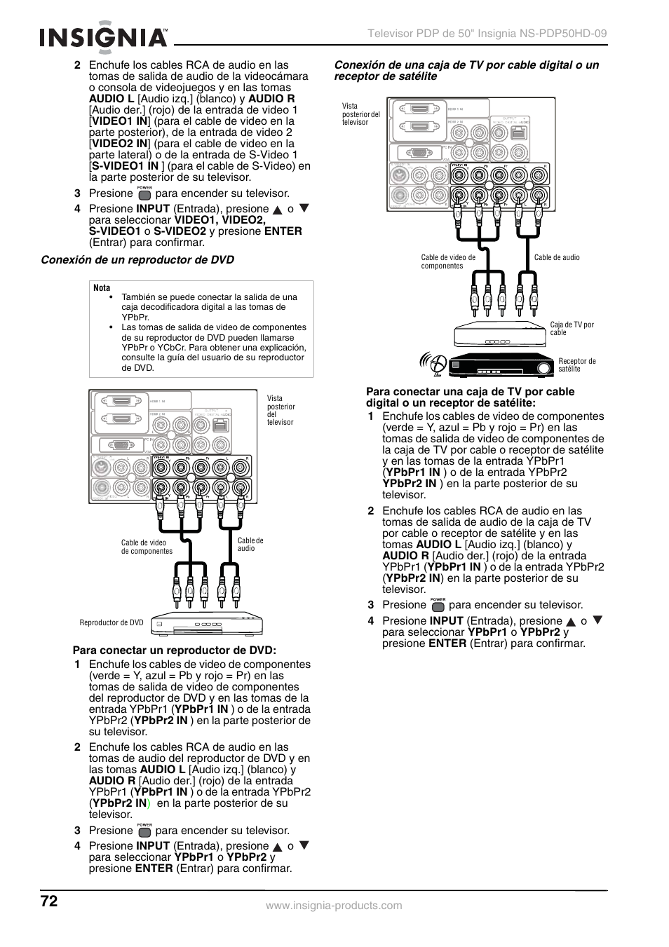 Conexión de un reproductor de dvd | Insignia NS-PDP50HD-09 User Manual | Page 72 / 92