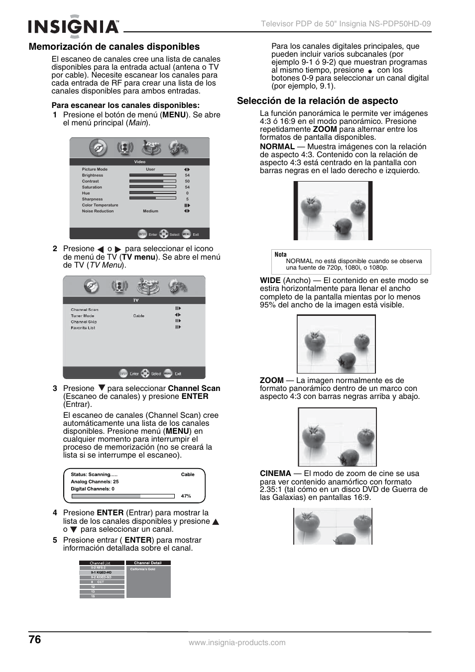 Memorización de canales disponibles, Selección de la relación de aspecto, Main | Tv menu | Insignia NS-PDP50HD-09 User Manual | Page 76 / 92