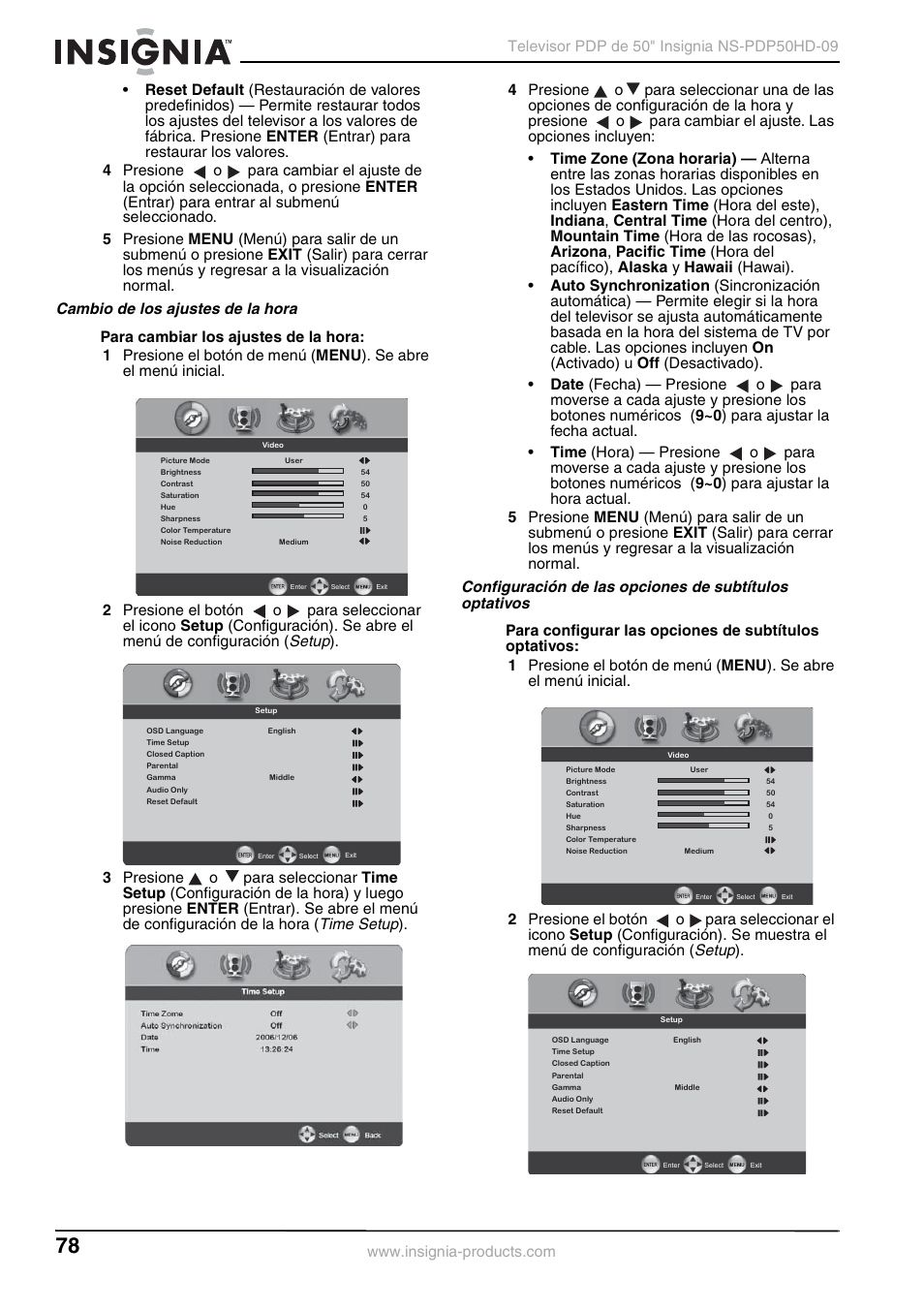 Cambio de los ajustes de la hora, Para cambiar los ajustes de la hora, Na 78 | A 78, Setup, Time setup | Insignia NS-PDP50HD-09 User Manual | Page 78 / 92