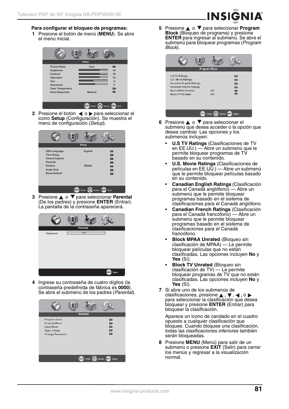 Setup, Parental, Program block | Insignia NS-PDP50HD-09 User Manual | Page 81 / 92
