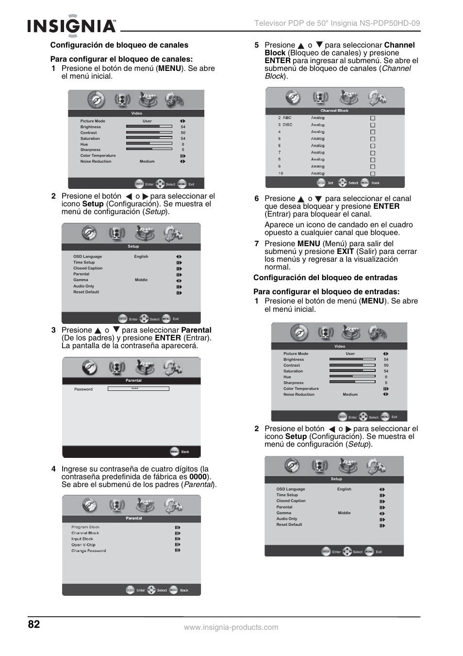 Setup, Parental, Channel block | Insignia NS-PDP50HD-09 User Manual | Page 82 / 92
