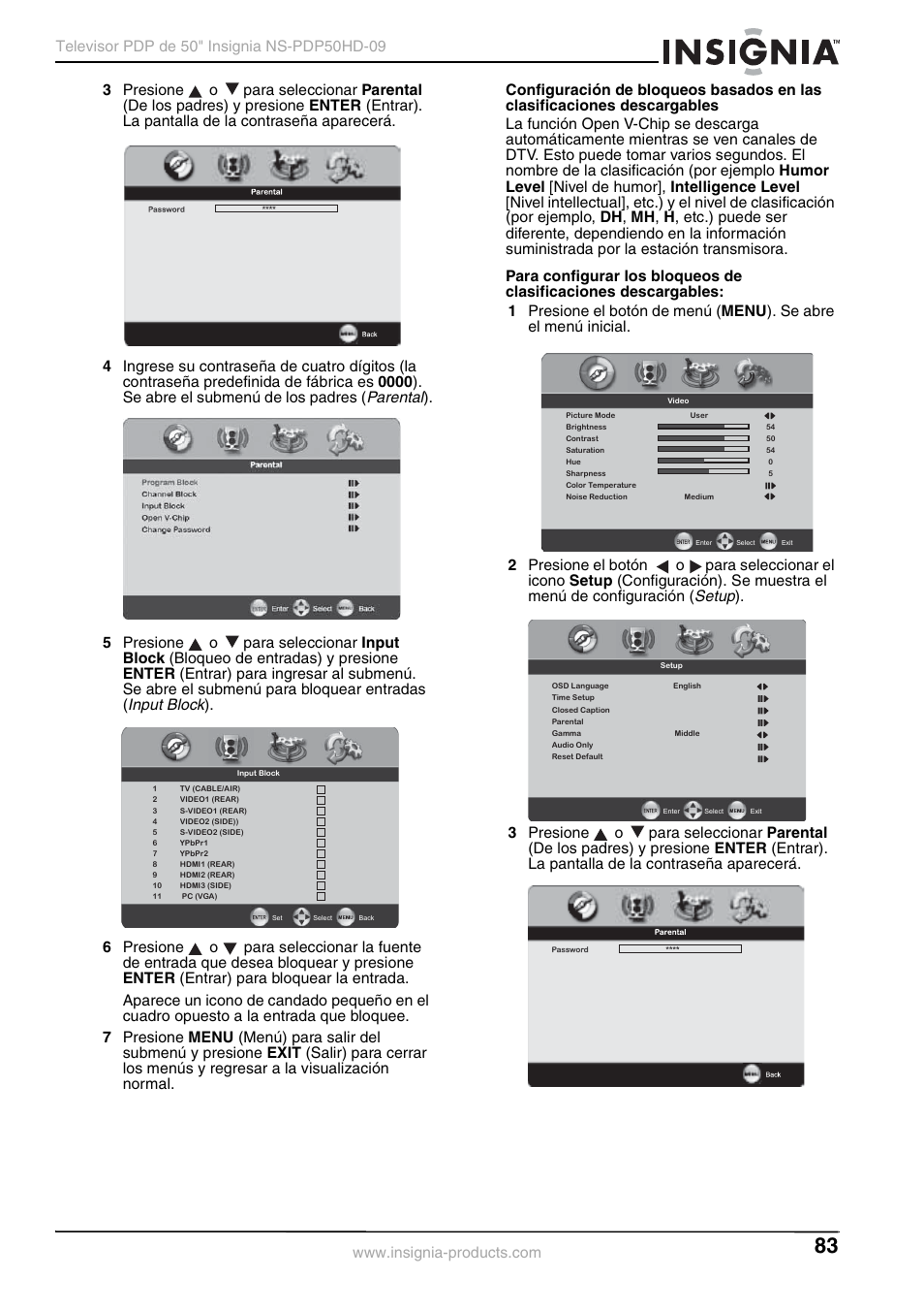 Parental, Input block, Setup | Insignia NS-PDP50HD-09 User Manual | Page 83 / 92