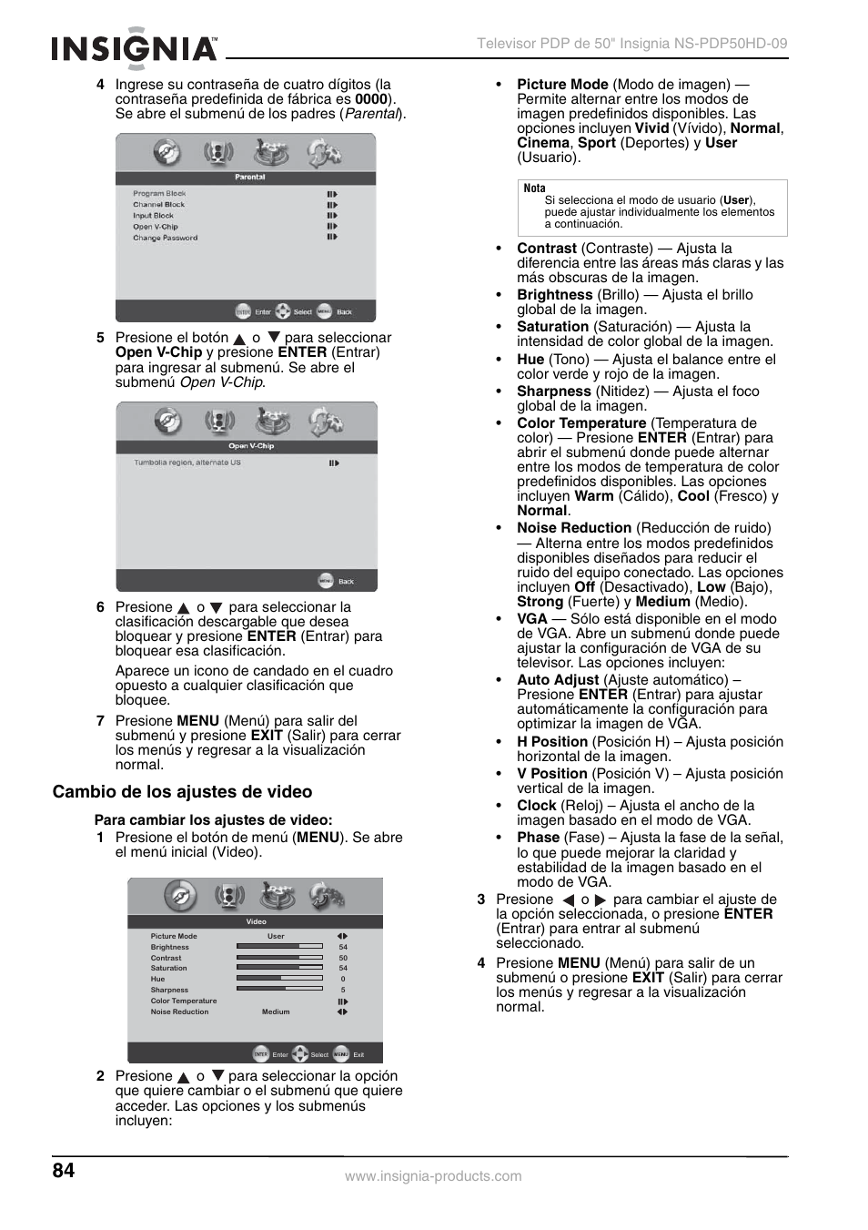Cambio de los ajustes de video | Insignia NS-PDP50HD-09 User Manual | Page 84 / 92