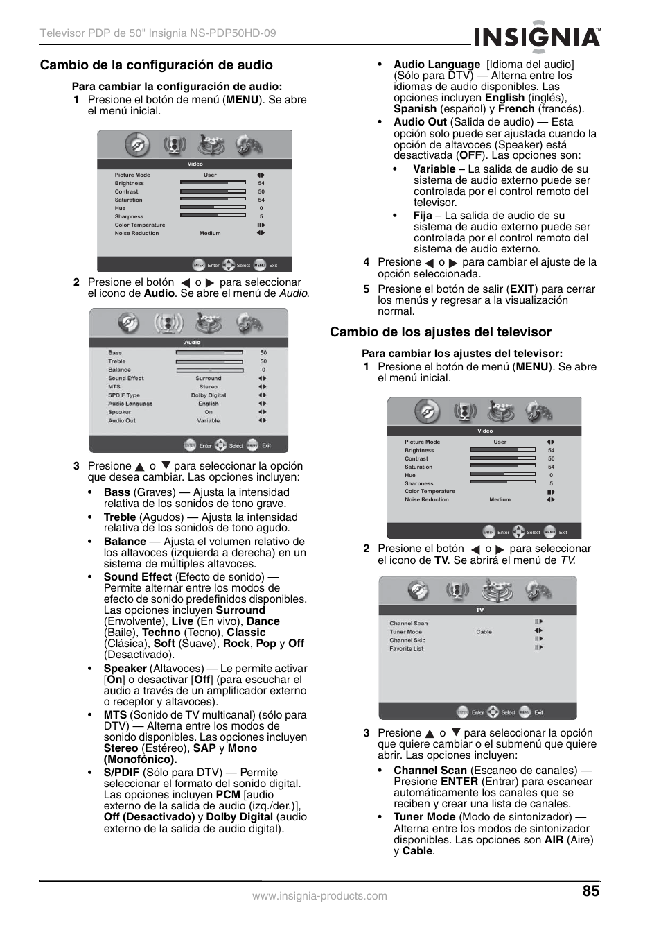 Cambio de la configuración de audio, Cambio de los ajustes del televisor, Audio | Insignia NS-PDP50HD-09 User Manual | Page 85 / 92