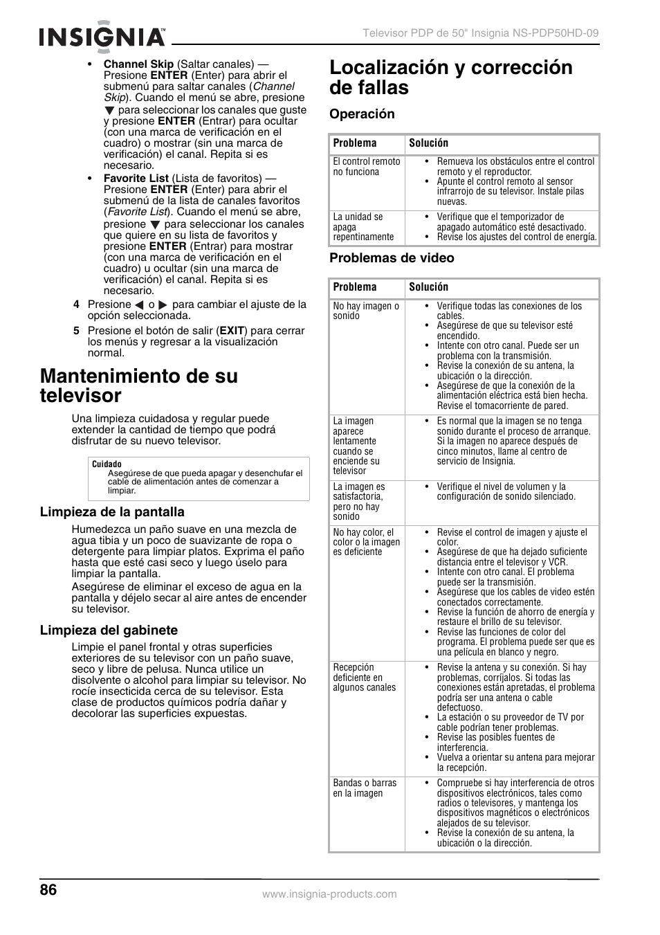 Mantenimiento de su televisor, Limpieza de la pantalla, Limpieza del gabinete | Localización y corrección de fallas, Operación, Problemas de video, Limpieza de la pantalla limpieza del gabinete, Operación problemas de video | Insignia NS-PDP50HD-09 User Manual | Page 86 / 92