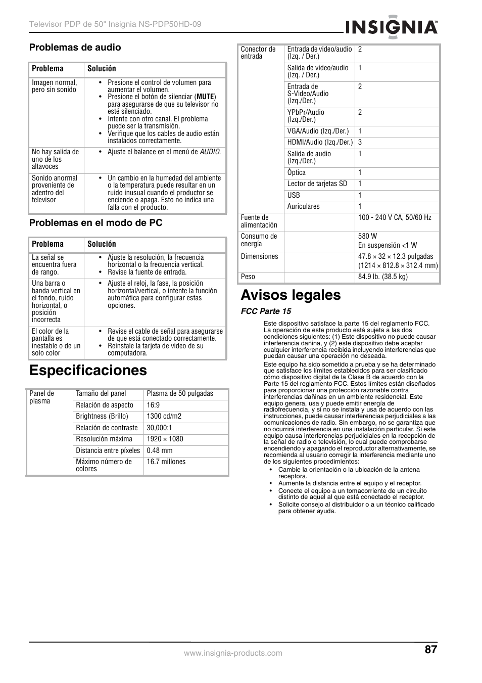 Problemas de audio, Problemas en el modo de pc, Especificaciones | Avisos legales, Fcc parte 15, Problemas de audio problemas en el modo de pc, Especificaciones avisos legales | Insignia NS-PDP50HD-09 User Manual | Page 87 / 92