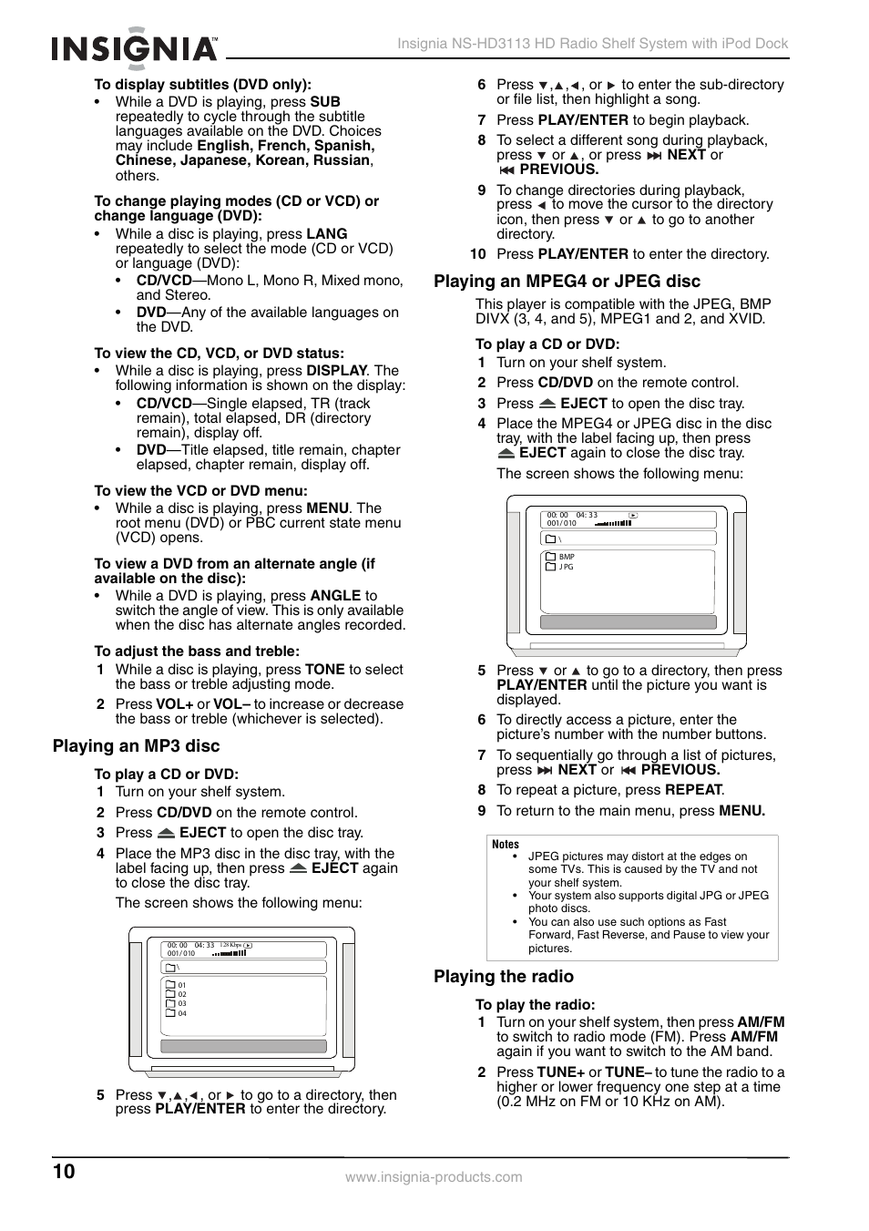 Playing an mp3 disc, Playing an mpeg4 or jpeg disc, Playing the radio | Insignia NS-HD3113 User Manual | Page 10 / 16