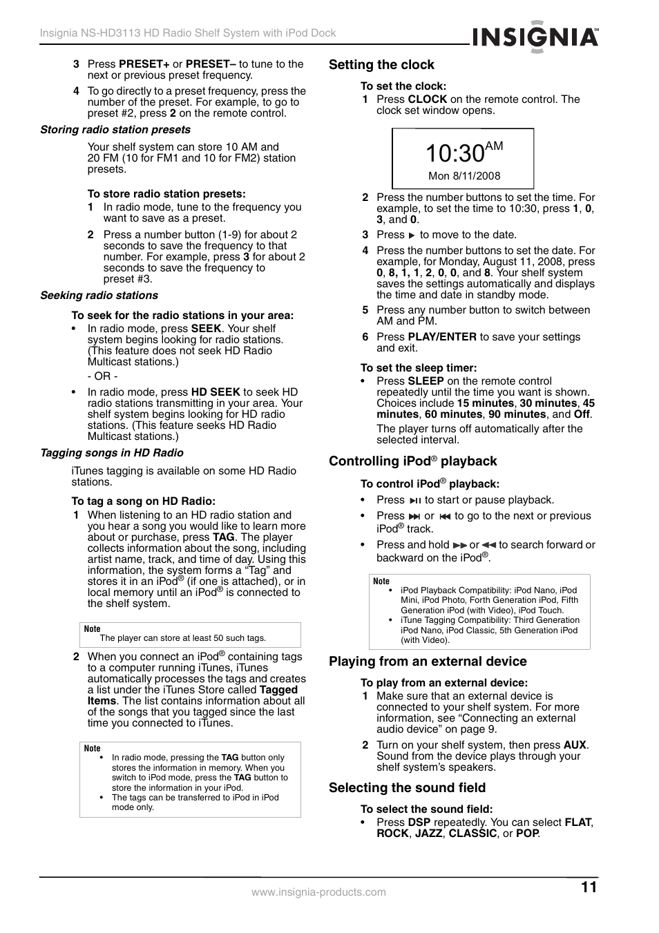 Storing radio station presets, Seeking radio stations, Tagging songs in hd radio | Setting the clock, Controlling ipod® playback, Playing from an external device, Selecting the sound field, Controlling ipod, Playback | Insignia NS-HD3113 User Manual | Page 11 / 16
