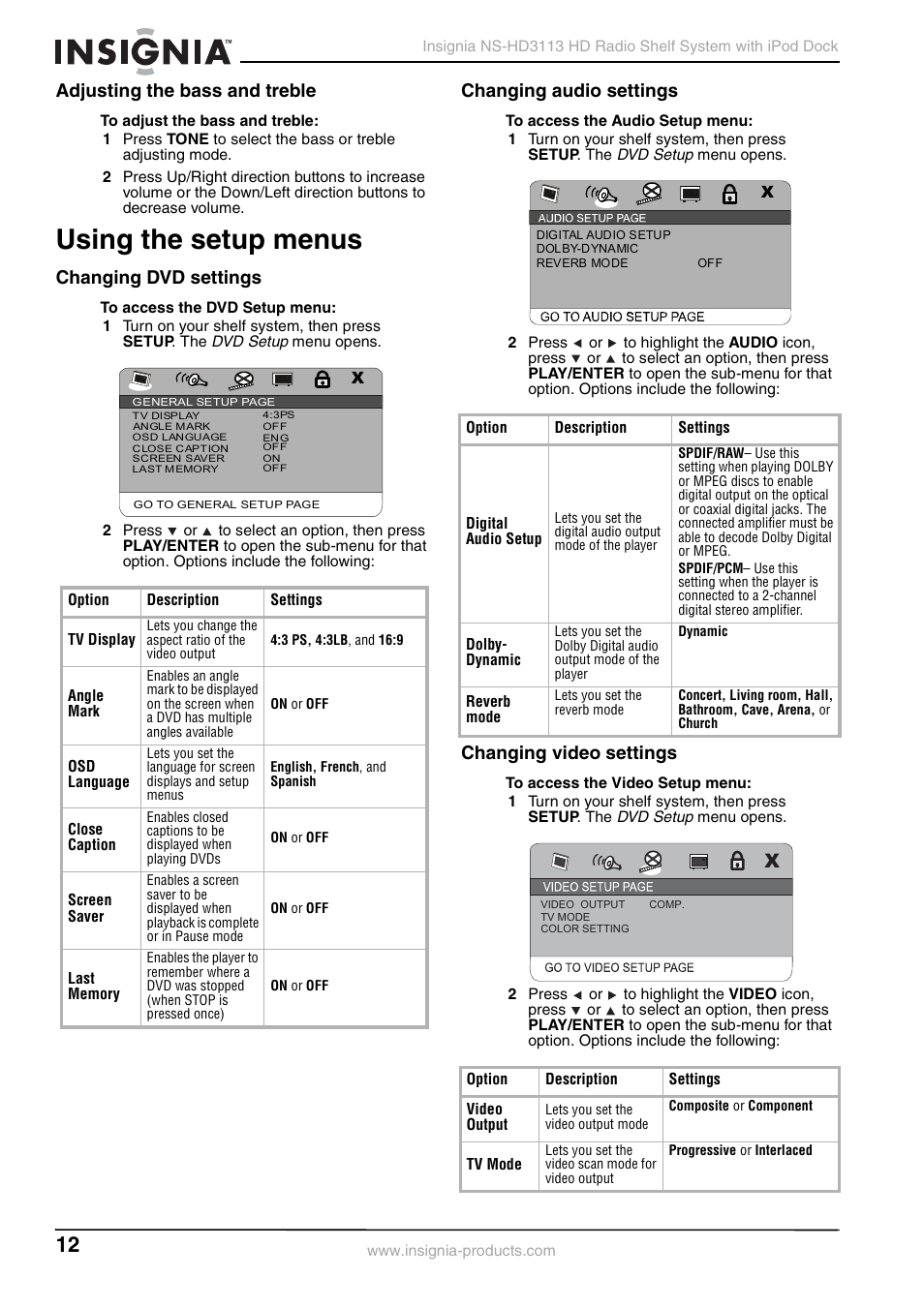 Adjusting the bass and treble, Using the setup menus, Changing dvd settings | Changing audio settings, Changing video settings | Insignia NS-HD3113 User Manual | Page 12 / 16