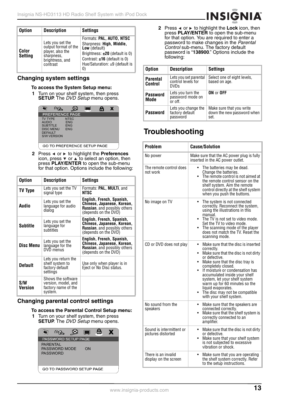 Changing system settings, Changing parental control settings, Troubleshooting | Insignia NS-HD3113 User Manual | Page 13 / 16