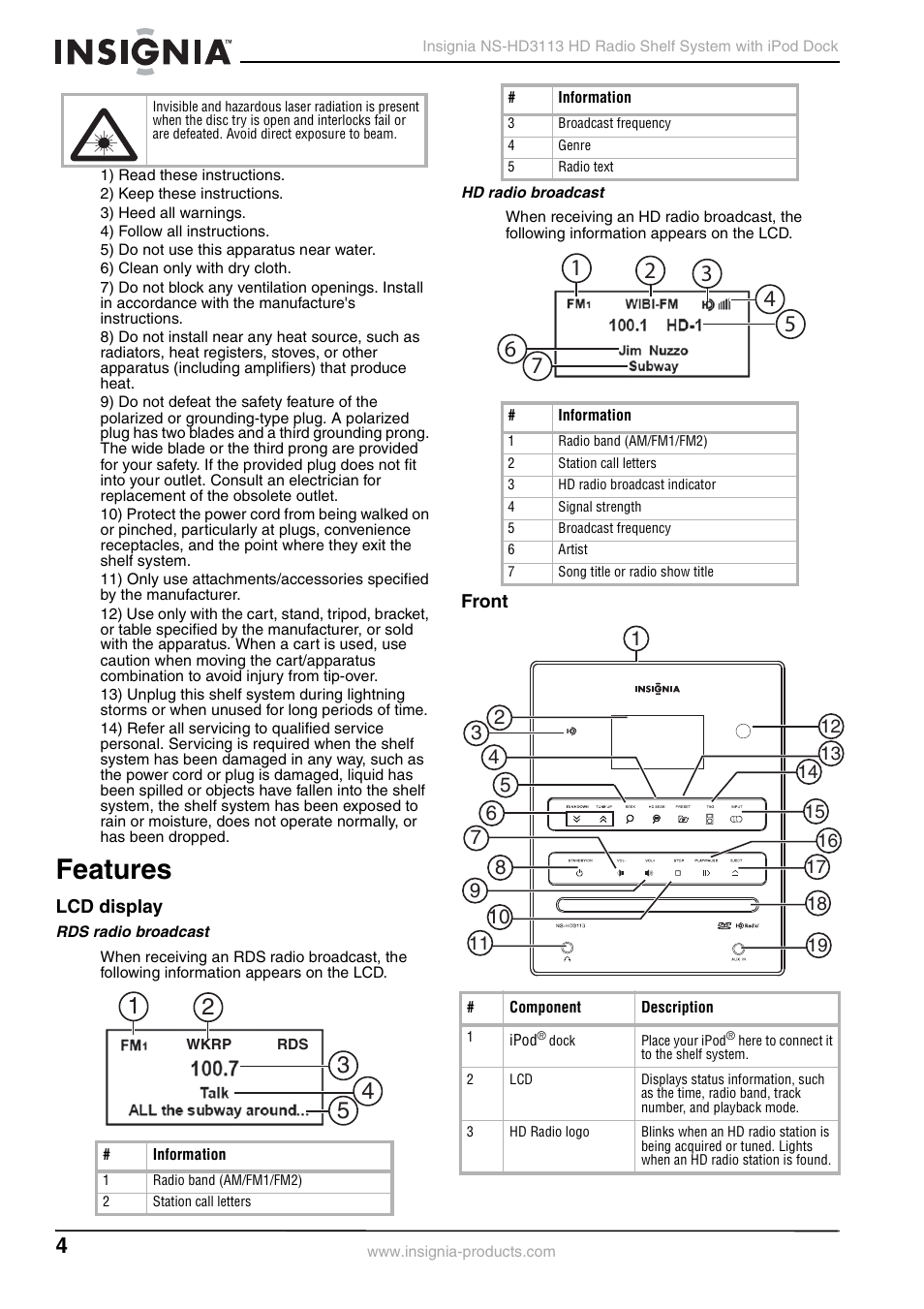 Features, Lcd display, Rds radio broadcast | Hd radio broadcast, Front | Insignia NS-HD3113 User Manual | Page 4 / 16