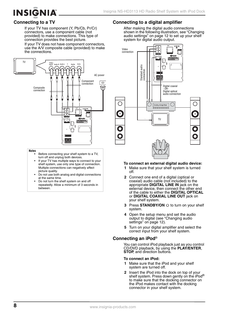 Connecting to a tv, Connecting to a digital amplifier, Connecting an ipod | Ge 8 a, Ge 8 | Insignia NS-HD3113 User Manual | Page 8 / 16