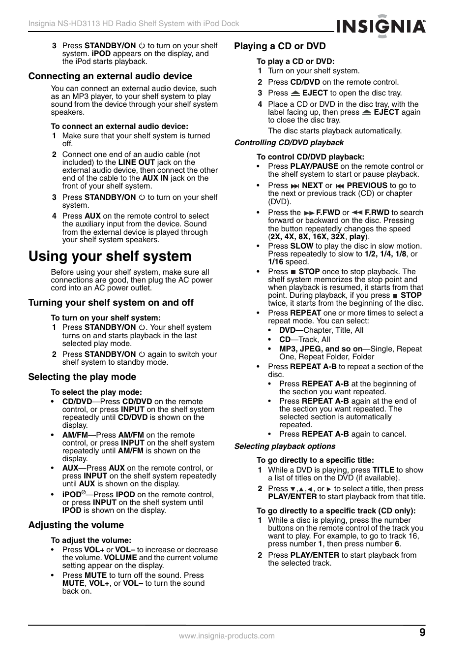 Connecting an external audio device, Using your shelf system, Turning your shelf system on and off | Selecting the play mode, Adjusting the volume, Playing a cd or dvd, Controlling cd/dvd playback, Selecting playback options | Insignia NS-HD3113 User Manual | Page 9 / 16