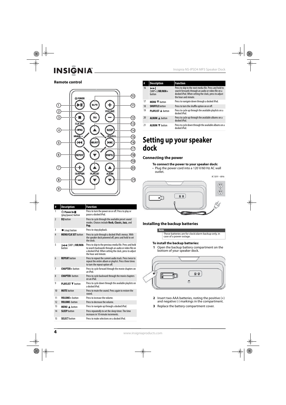 Remote control, Setting up your speaker dock, Connecting the power | Installing the backup batteries | Insignia 09-0663 User Manual | Page 7 / 11