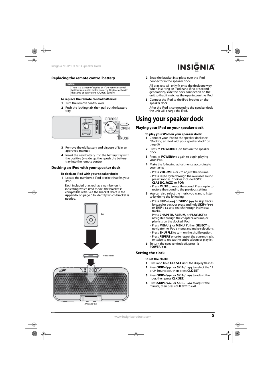 Replacing the remote control battery, Docking an ipod with your speaker dock, Using your speaker dock | Playing your ipod on your speaker dock, Setting the clock | Insignia 09-0663 User Manual | Page 8 / 11