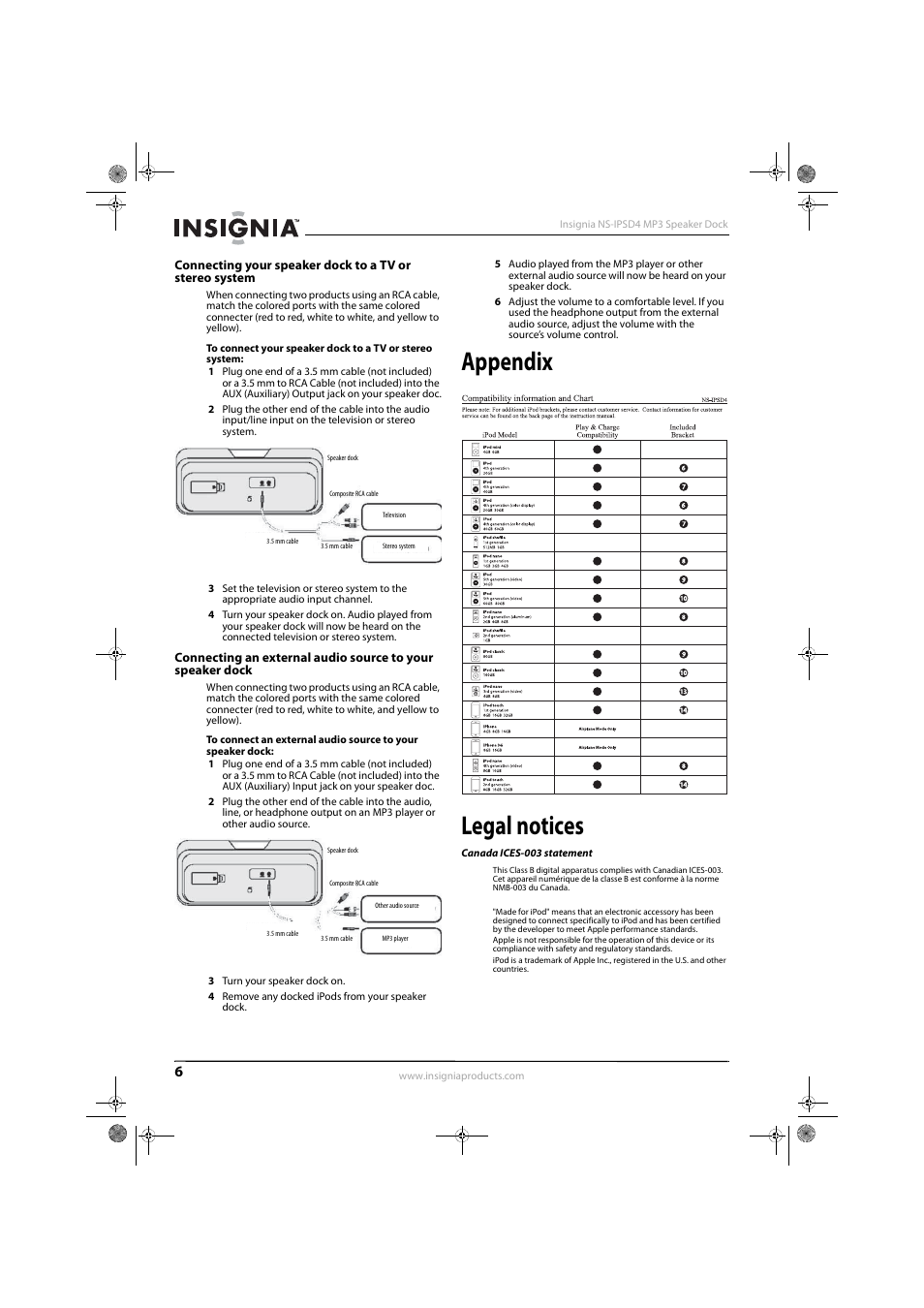 Appendix, Legal notices, Canada ices-003 statement | Appendix legal notices | Insignia 09-0663 User Manual | Page 9 / 11