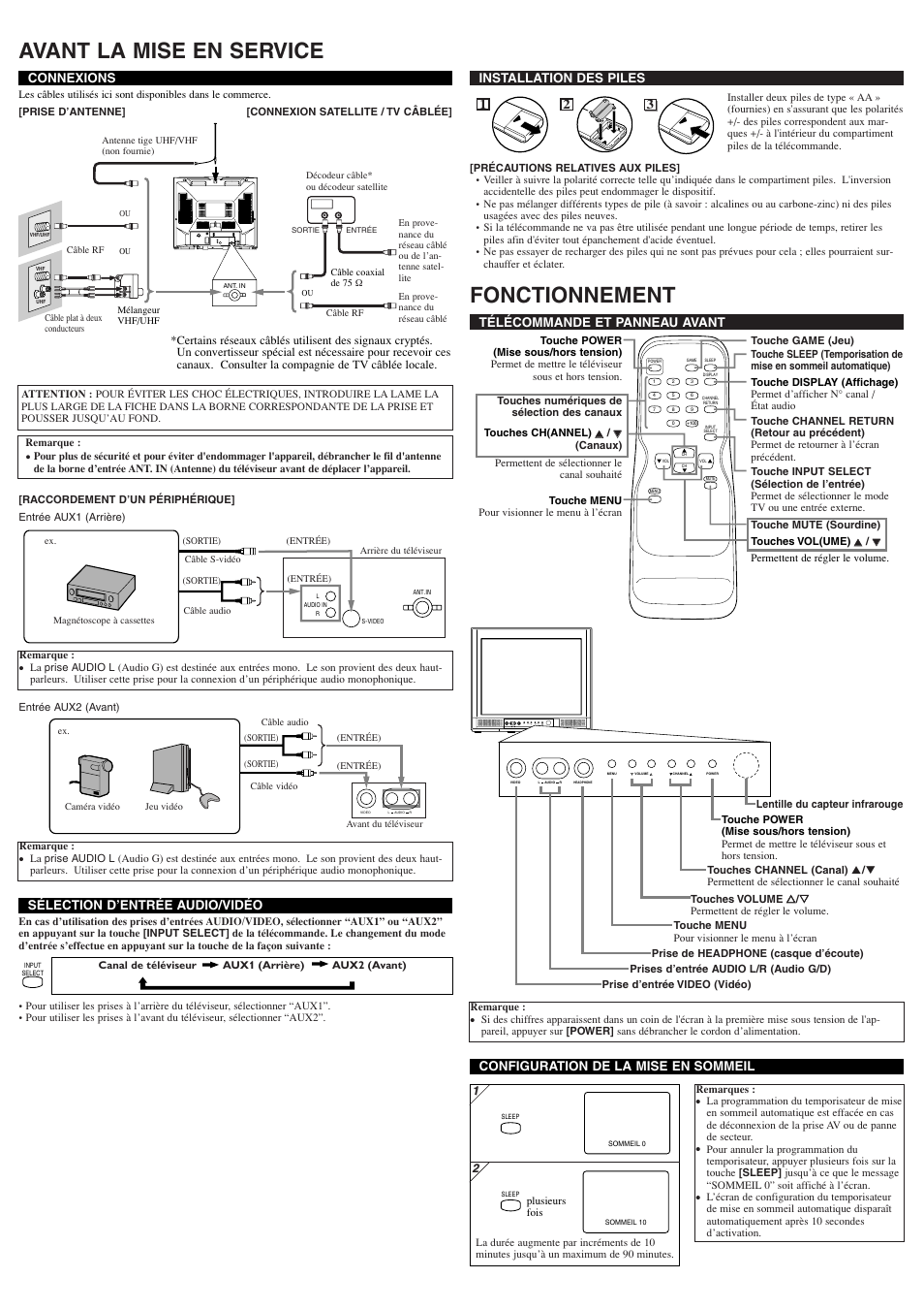 Avant la mise en service, Fonctionnement, Installation des piles | 21 3 connexions, Sélection d’entrée audio/vidéo, Configuration de la mise en sommeil, Télécommande et panneau avant | Insignia IS-TV040920 User Manual | Page 10 / 12