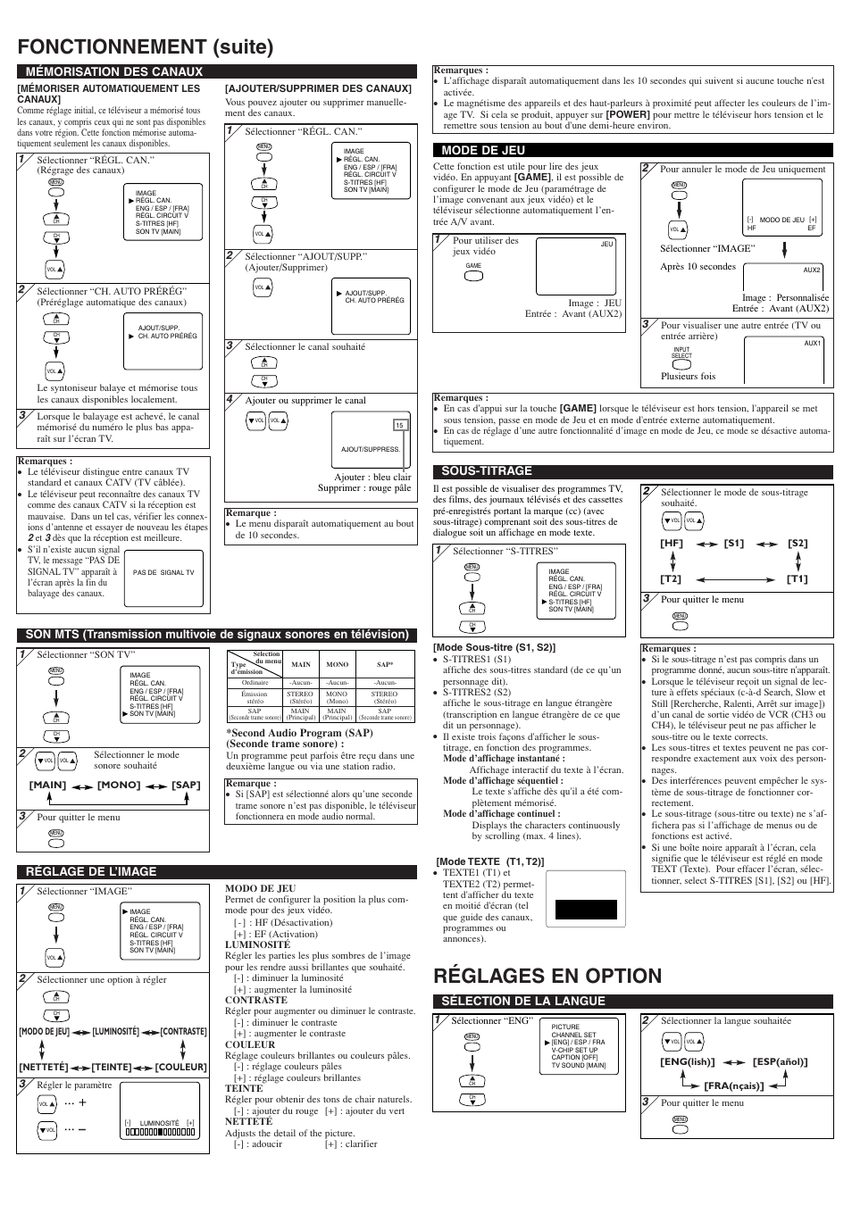 Réglages en option, Fonctionnement (suite), Réglage de l’image | Mémorisation des canaux, Mode de jeu, Sélection de la langue, Sous-titrage | Insignia IS-TV040920 User Manual | Page 11 / 12