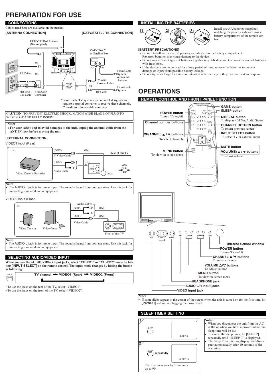 Preparation for use, Operations, Installing the batteries | 21 3 connections, Selecting audio/video input, Sleep timer setting, Remote control and front panel function | Insignia IS-TV040920 User Manual | Page 2 / 12