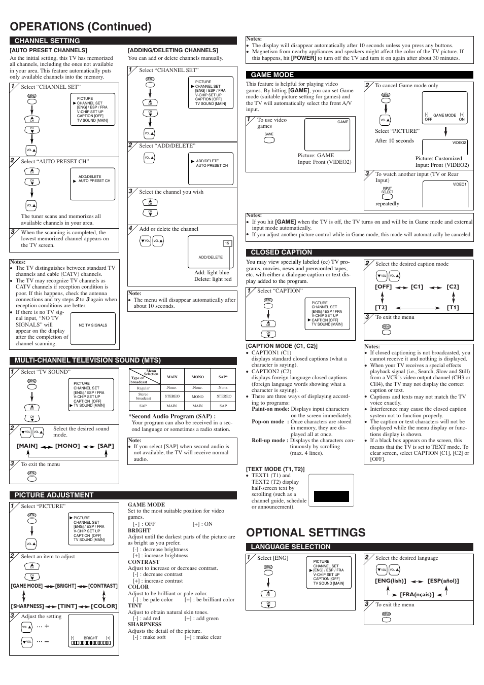 Optional settings, Operations (continued), Picture adjustment | Channel setting, Game mode, Language selection, Closed caption, Multi-channel television sound (mts) | Insignia IS-TV040920 User Manual | Page 3 / 12