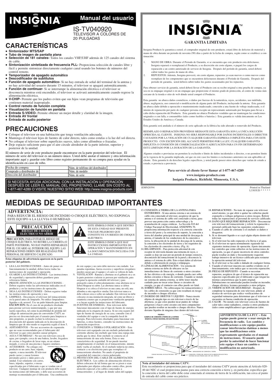 Medidas de seguridad importantes, Características, Precauciones | Manual del usuario, Advertencia, Precaución, Televisor a colores de 20 pulgadas, Garantia limitada | Insignia IS-TV040920 User Manual | Page 5 / 12