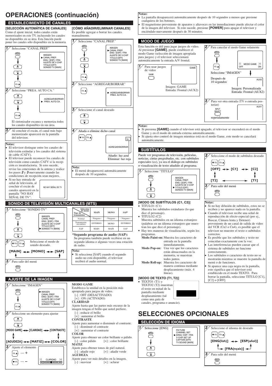 Selecciones opcionales, Operaciones (continuación), Ajuste de la imagen | Establecimiento de canales, Modo de juego, Selección de idioma, Subtítulos, Sonido de televisión multicanales (mts) | Insignia IS-TV040920 User Manual | Page 7 / 12