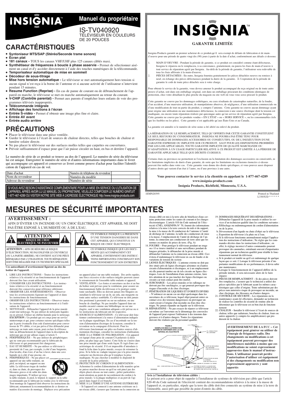 Mesures de sécurité importantes, Caractéristiques, Précautions | Manuel du propriétaire, Avertissement, Attention, Téléviseur en couleurs de 20 pouces, Garantie limitée | Insignia IS-TV040920 User Manual | Page 9 / 12