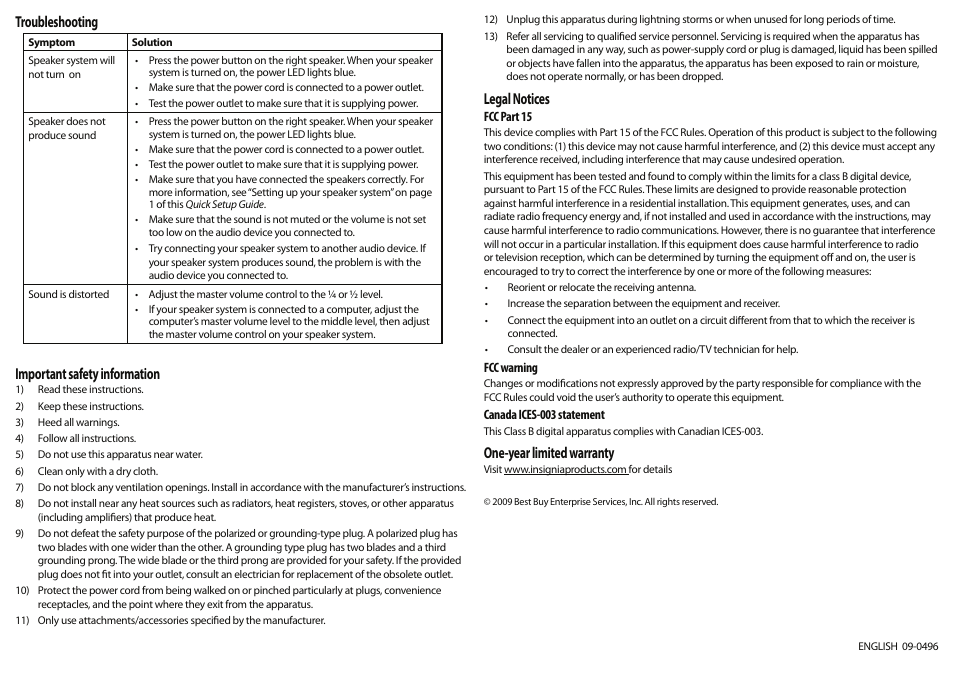 Troubleshooting, Important safety information, Legal notices | One-year limited warranty | Insignia NS-PCS20 User Manual | Page 2 / 2