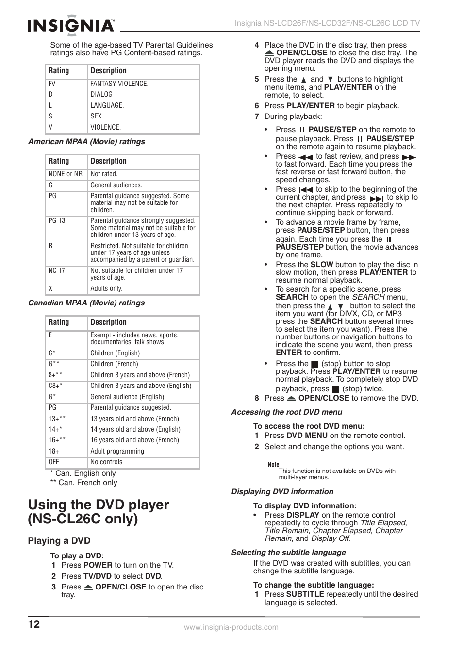 Using the dvd player (ns-cl26c only), Playing a dvd | Insignia NS-LCD26F NS-CL26C User Manual | Page 11 / 19