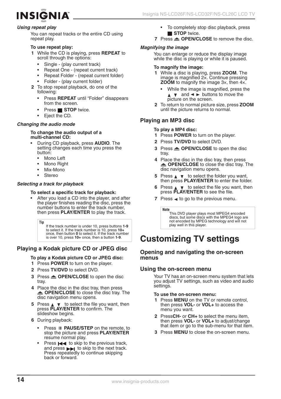 Customizing tv settings, Playing a kodak picture cd or jpeg disc, Playing an mp3 disc | Insignia NS-LCD26F NS-CL26C User Manual | Page 13 / 19