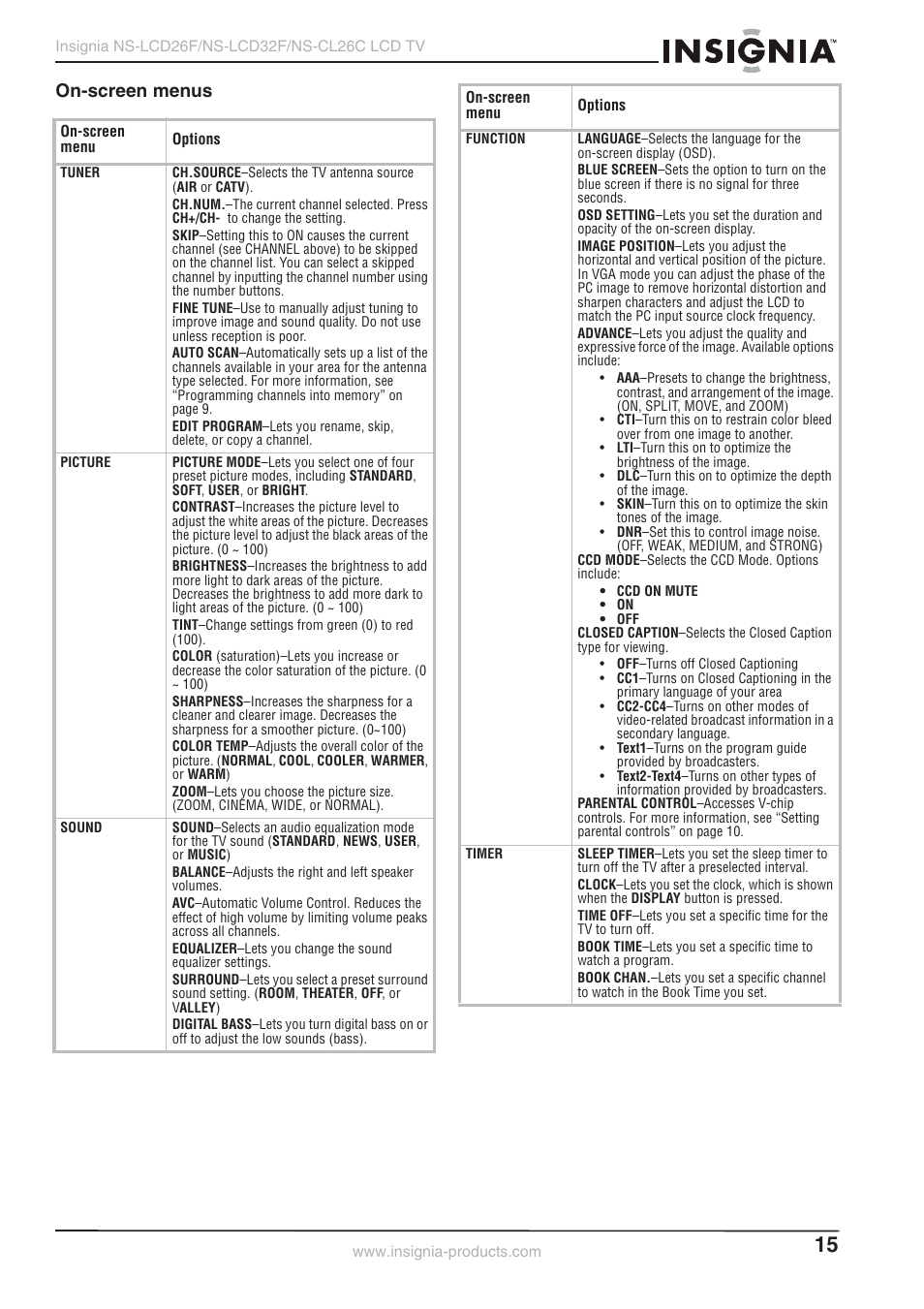 On-screen menus | Insignia NS-LCD26F NS-CL26C User Manual | Page 14 / 19