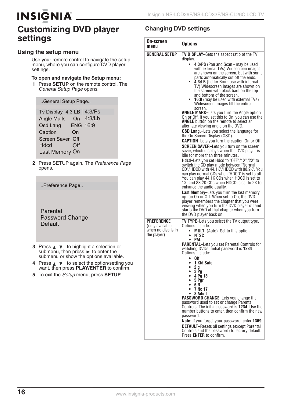 Customizing dvd player settings, Using the setup menu, Changing dvd settings | Insignia NS-LCD26F NS-CL26C User Manual | Page 15 / 19
