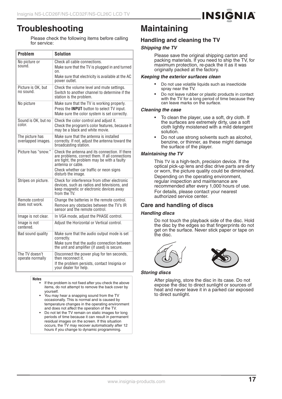 Troubleshooting, Maintaining, Handling and cleaning the tv | Care and handling of discs | Insignia NS-LCD26F NS-CL26C User Manual | Page 16 / 19