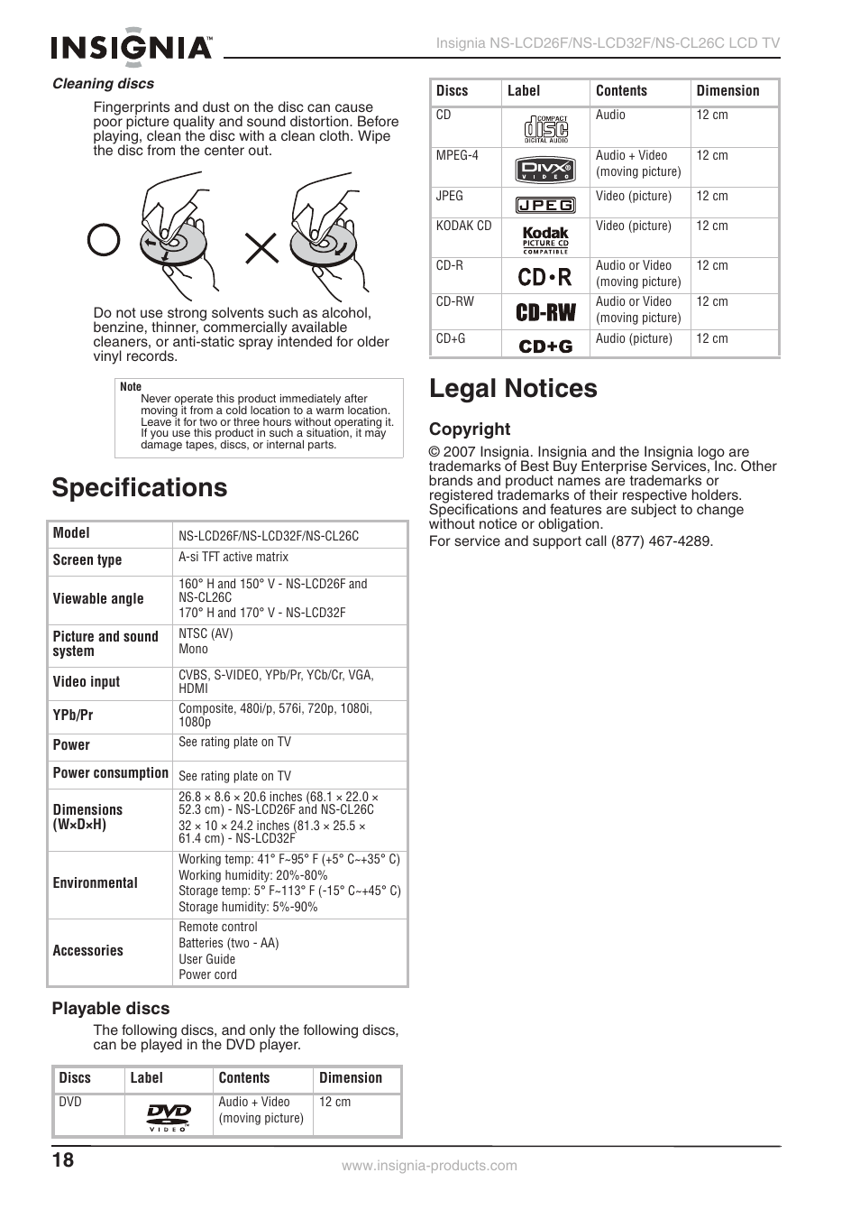 Specifications, Legal notices, Playable discs | Copyright | Insignia NS-LCD26F NS-CL26C User Manual | Page 17 / 19