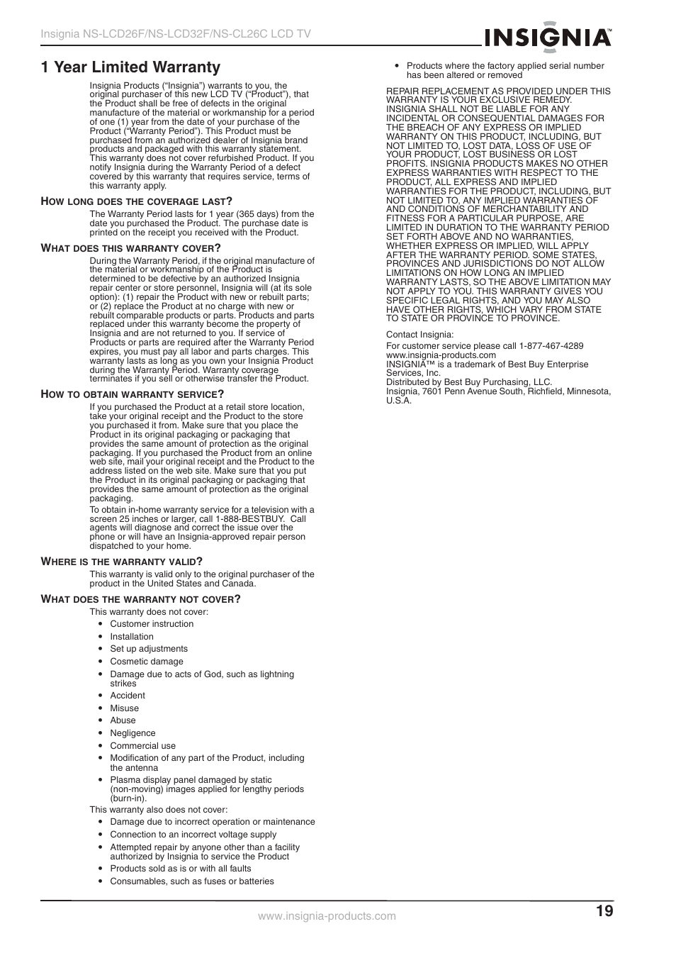 1 year limited warranty | Insignia NS-LCD26F NS-CL26C User Manual | Page 18 / 19