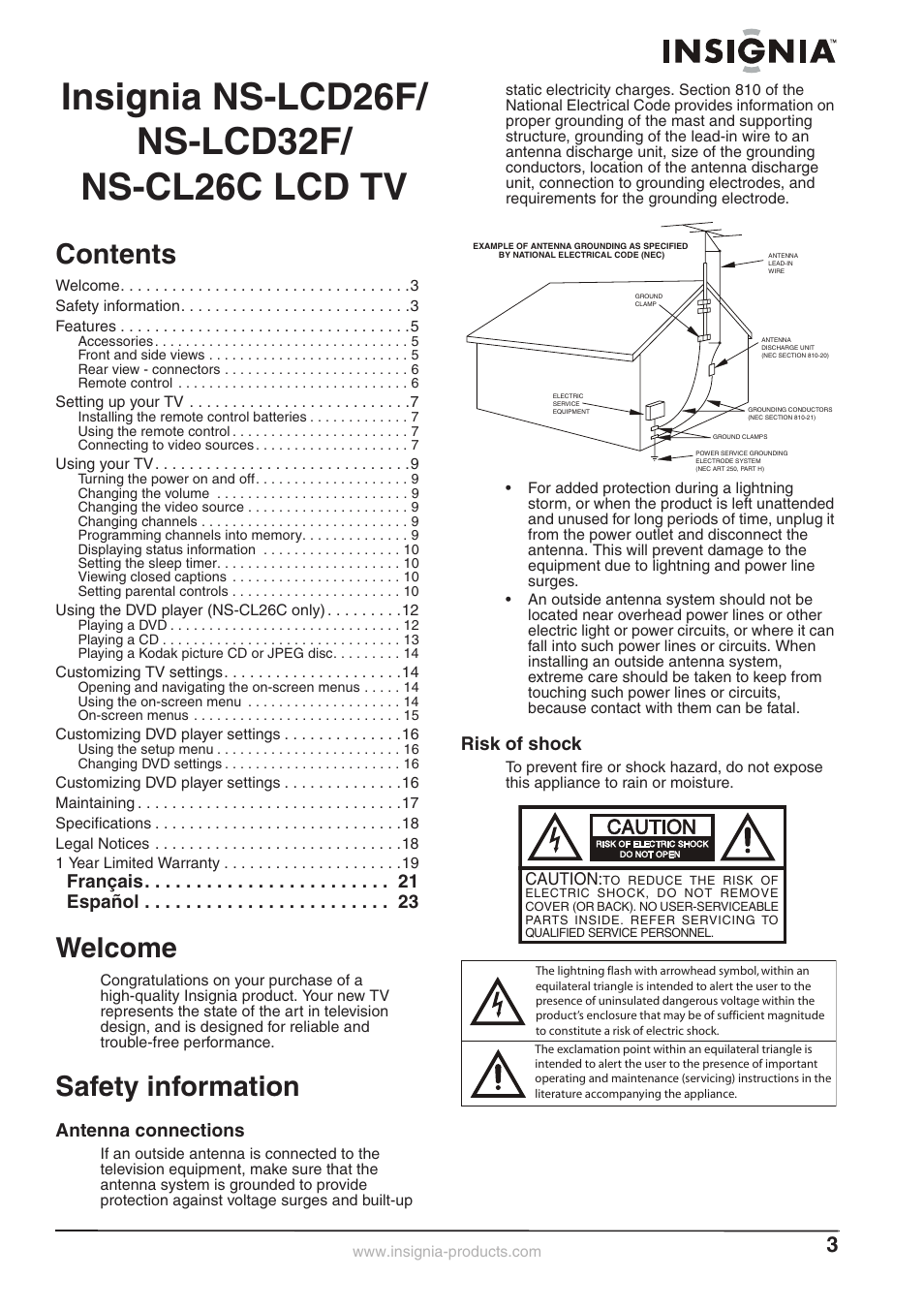 Insignia NS-LCD26F NS-CL26C User Manual | Page 2 / 19