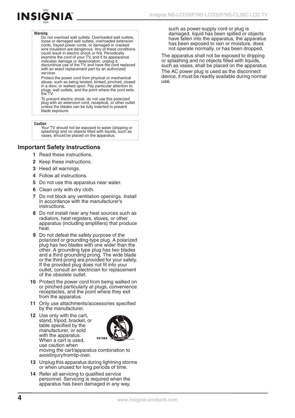 Important safety instructions | Insignia NS-LCD26F NS-CL26C User Manual | Page 3 / 19
