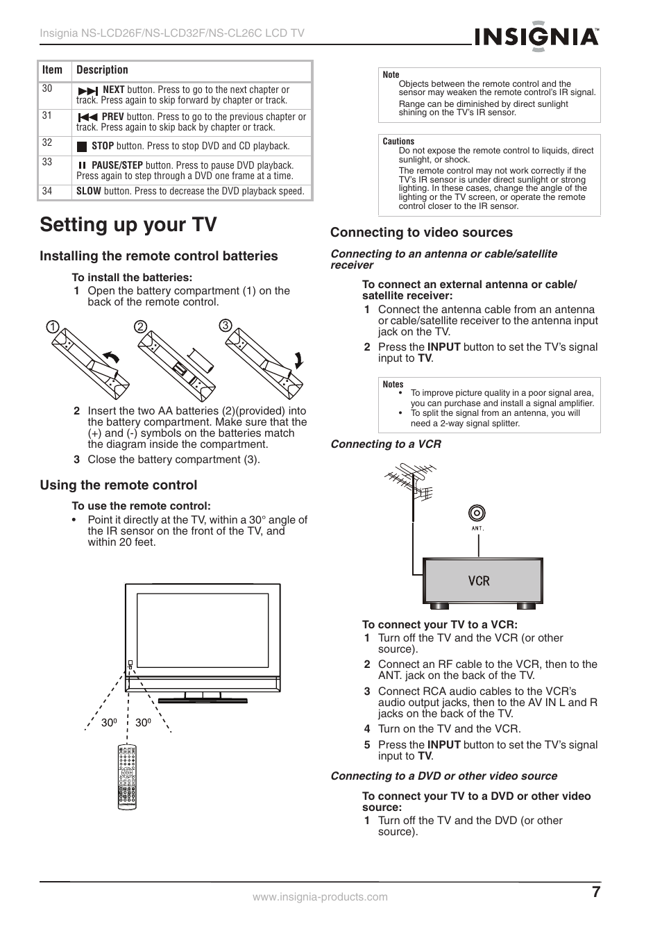 Setting up your tv, Installing the remote control batteries, Using the remote control | Connecting to video sources | Insignia NS-LCD26F NS-CL26C User Manual | Page 6 / 19