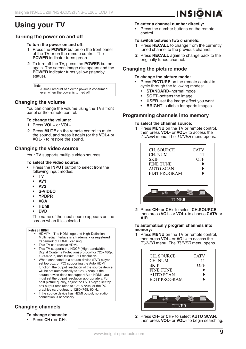 Using your tv, Turning the power on and off, Changing the volume | Changing the video source, Changing channels, Changing the picture mode | Insignia NS-LCD26F NS-CL26C User Manual | Page 8 / 19