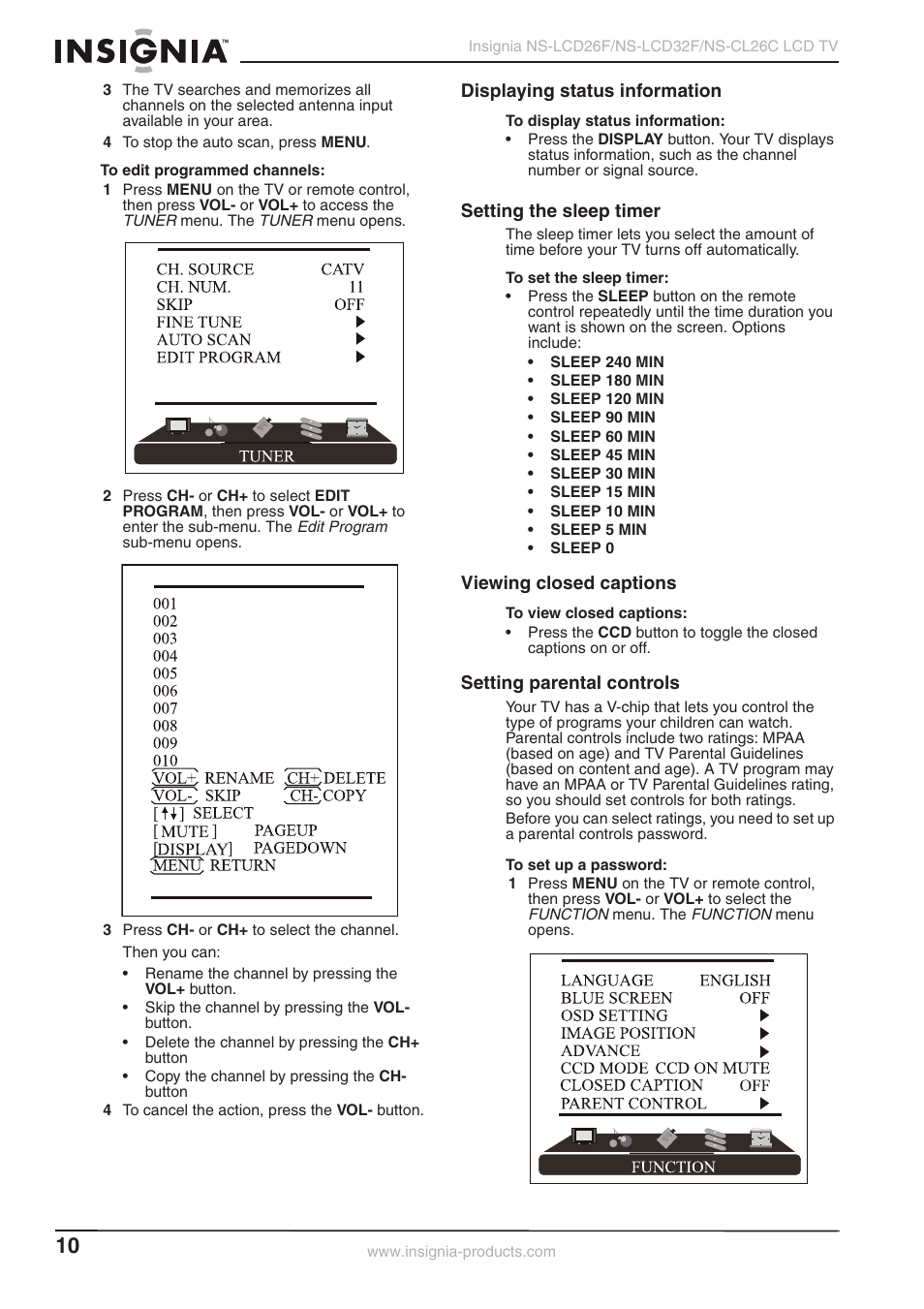 Displaying status information, Setting the sleep timer, Viewing closed captions | Setting parental controls | Insignia NS-LCD26F NS-CL26C User Manual | Page 9 / 19