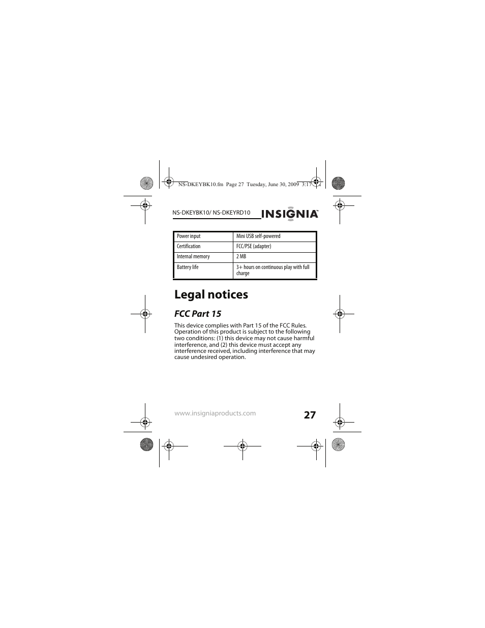 Legal notices, Fcc part 15 | Insignia NS-DKEYRD10 User Manual | Page 27 / 36