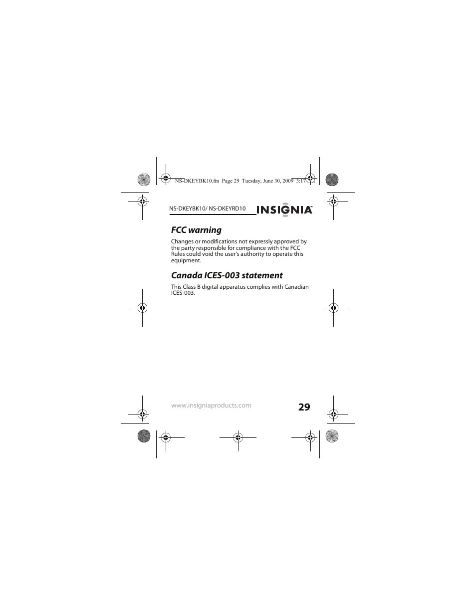 Fcc warning, Canada ices-003 statement | Insignia NS-DKEYRD10 User Manual | Page 29 / 36