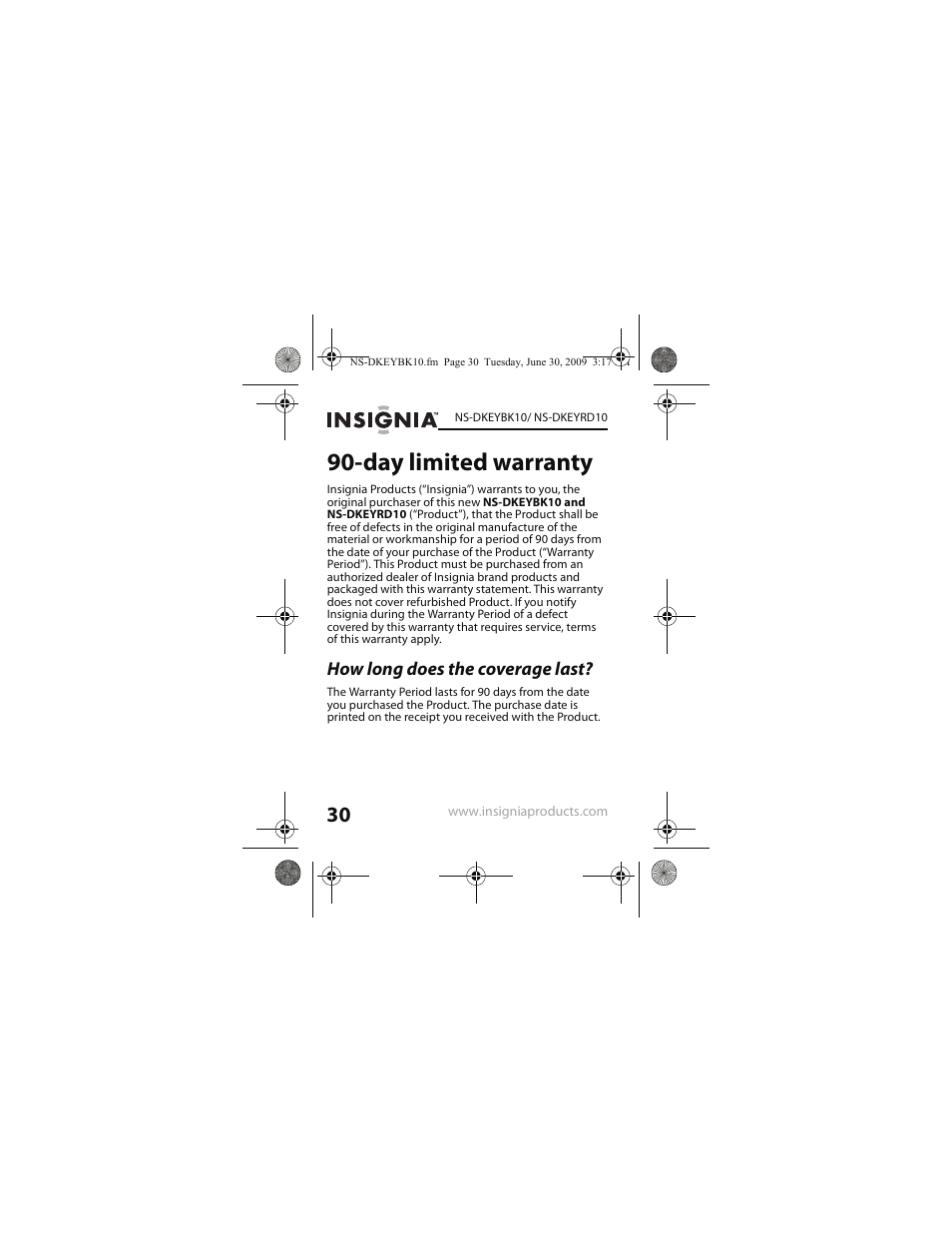 How long does the coverage last, Day limited warranty | Insignia NS-DKEYRD10 User Manual | Page 30 / 36