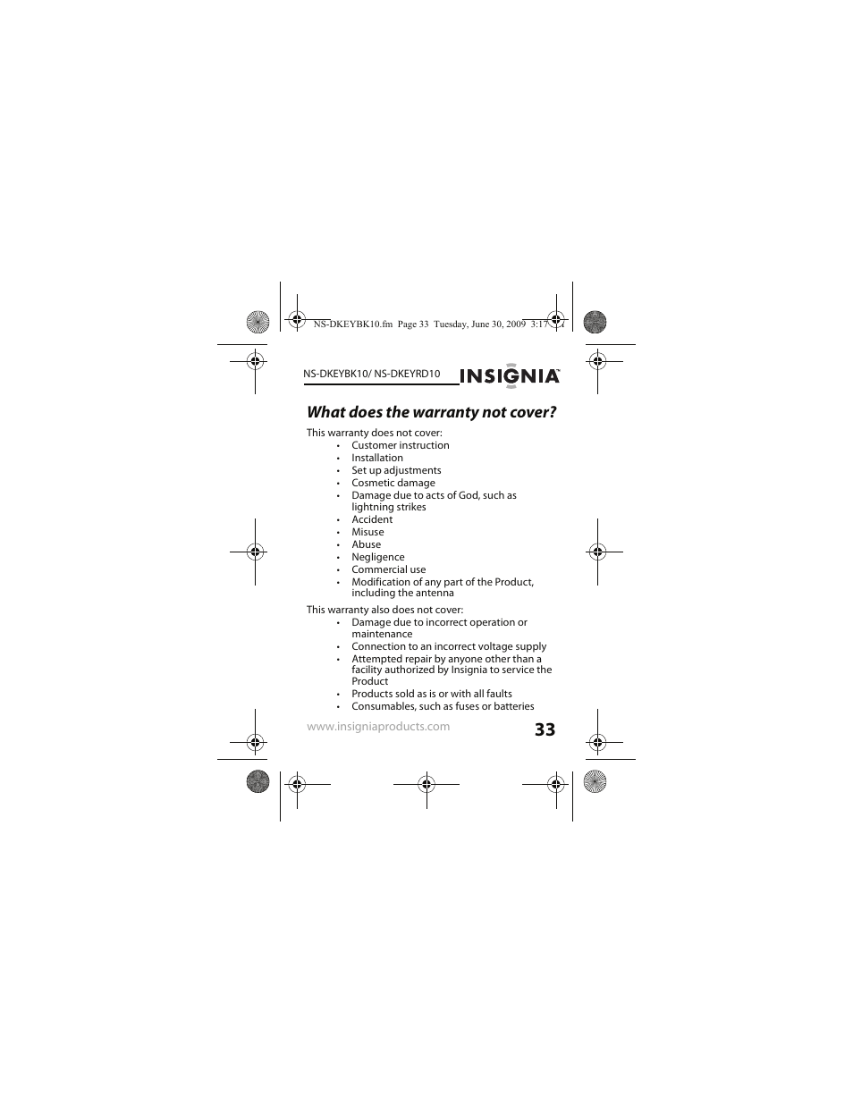 What does the warranty not cover | Insignia NS-DKEYRD10 User Manual | Page 33 / 36