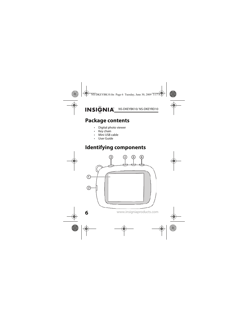 Package contents, Identifying components, Package contents identifying components | Insignia NS-DKEYRD10 User Manual | Page 6 / 36