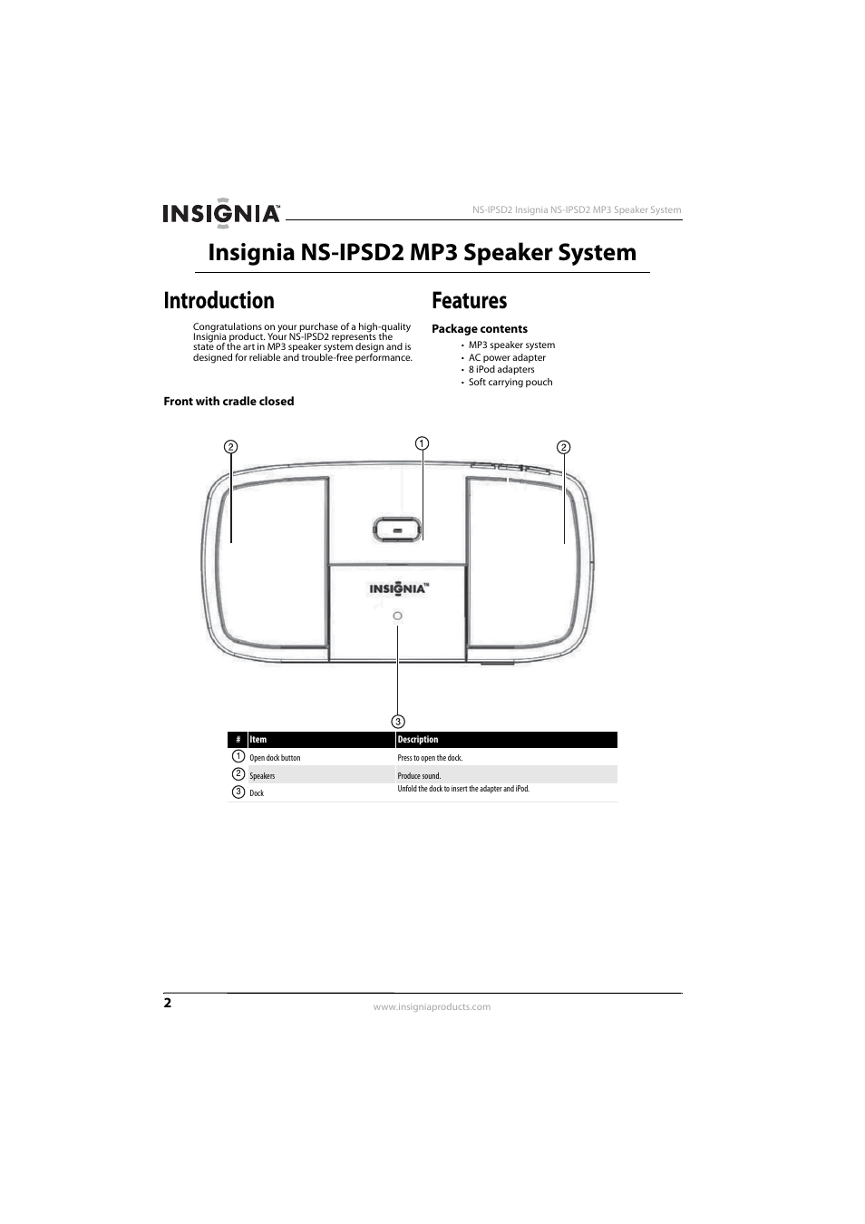 Introduction, Features, Package contents | Front with cradle closed, Package contents front with cradle closed, Insignia ns-ipsd2 mp3 speaker system introduction | Insignia NS-IPSD2 User Manual | Page 4 / 10