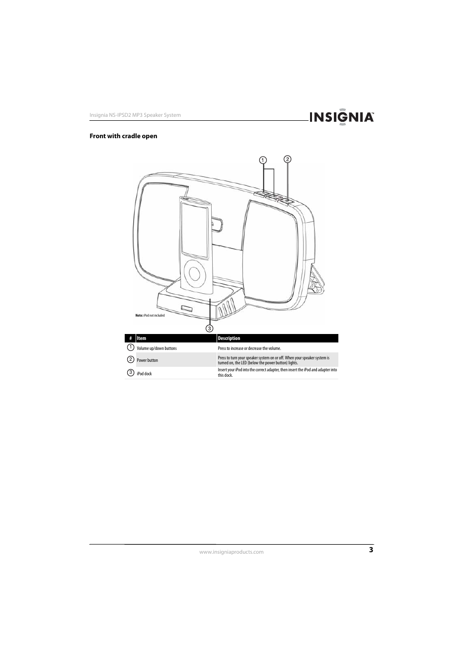 Front with cradle open | Insignia NS-IPSD2 User Manual | Page 5 / 10