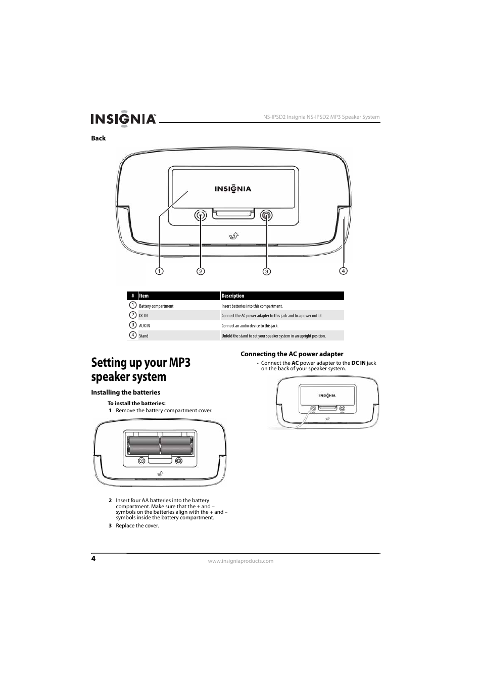 Back, Setting up your mp3 speaker system, Installing the batteries | Connecting the ac power adapter | Insignia NS-IPSD2 User Manual | Page 6 / 10