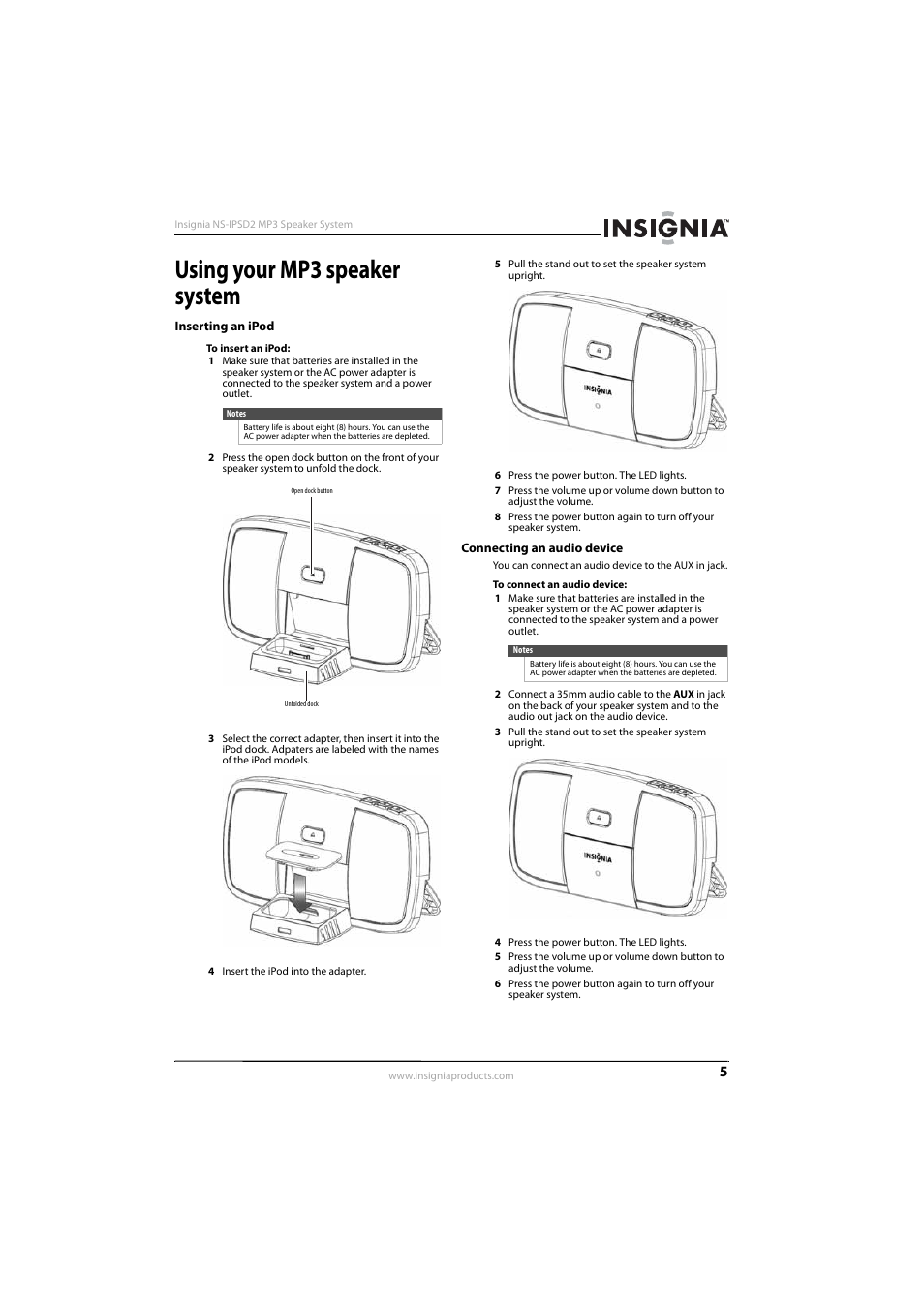 Using your mp3 speaker system, Inserting an ipod, Connecting an audio device | Inserting an ipod connecting an audio device | Insignia NS-IPSD2 User Manual | Page 7 / 10